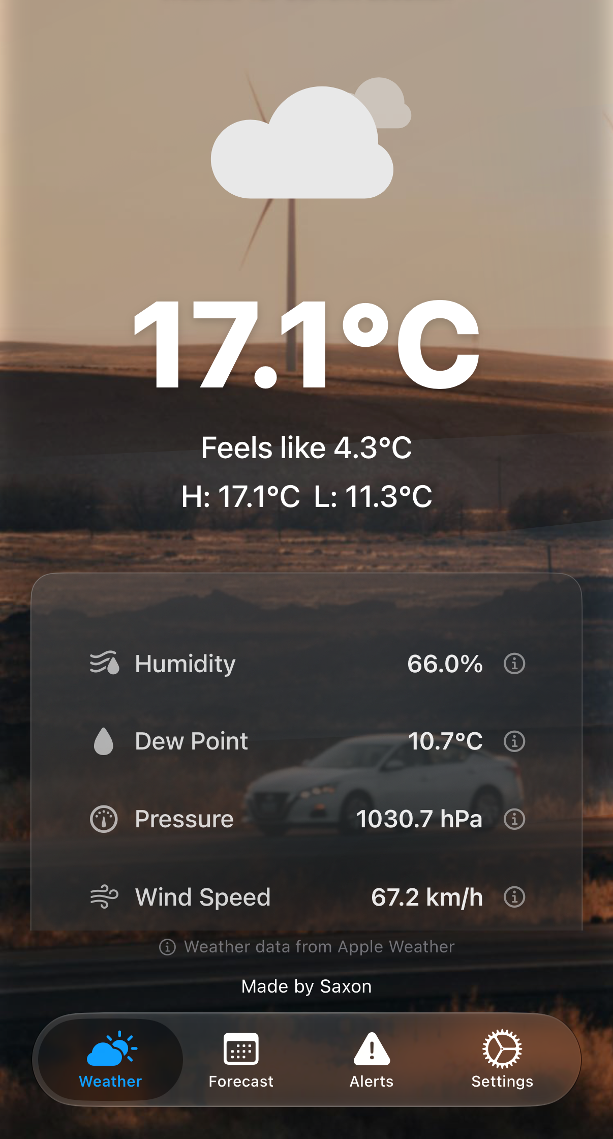 SaxWeather on iPhone showing current weather, animated icon, detail cards and tab bar