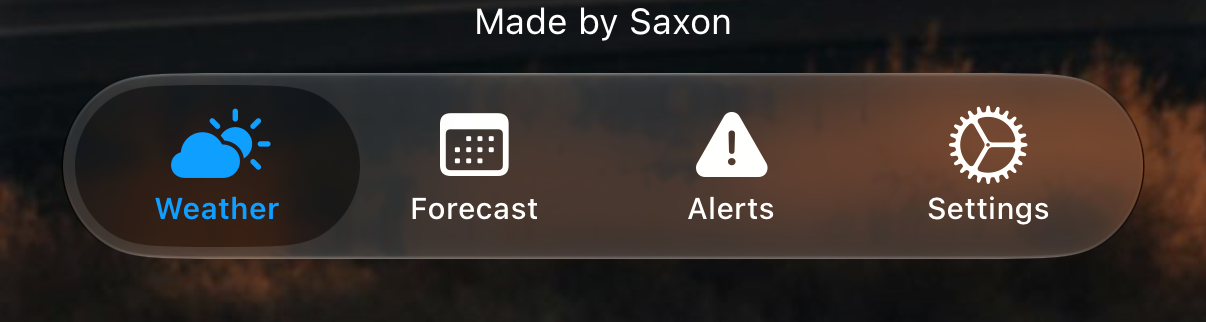 SaxWeather tab bar with Weather, Forecast, Alerts and Settings